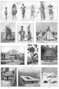 Ethnographie. I. 1. Akka-Mädchen (Zentralafrika). 2. Wedda mit Lendenschurz aus Blättern (Ceylon). 3. Bajansi (Kongo). 4. Kajan-Dajak-Mädchen in Männerkleidung, zum Tanze gehend (Borneo). 5. Alfuren-Häuptling im Kriegsschmuck (Ostflores). 6. Schan-Mädchen (Hinterindien). 7. Malaiische Braut (Sumatra). 8. Birmanische Prinzessin. 9. Windschirm der Pueblo-Indianer (Tusayan, Nordamerika). 10. Zelte der Omaha (Nebraska). 11. Jurte der Katschinzen aus Birkenrinde (Ostsibirien). 12. Wacht- und Zufluchtshaus der Koiari (Britisch-Neuguinea). 13. Runder Pfahlbau (Häuptlingshütte) auf Condul Island, Gross-Nikobar. 14. Haus der Ewe in Dalawe (Südtogo). 15. Tembe in Ugogo (Deutsch-Ostafrika). 16. Schneehaus der Eskimo (Baffinland, Davisstr.).